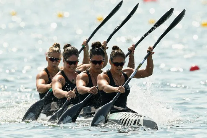 Jaimee McAleese, front seat, racing for New Zealand in the K4 at the Rio 2016 Olympic Games